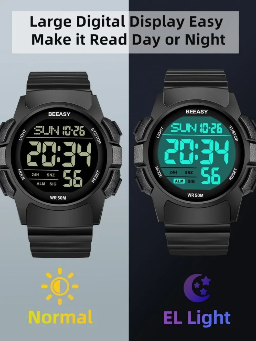 Men's Digital Sports Watch - 50M Waterproof, Stopwatch, Alarm, Rubber Strap, Gym